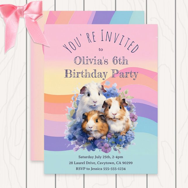 Cute Watercolor Guinea Pigs Pretty Birthday Party Invitation Postcard (A custom birthday party invitation, with guinea pigs in a watercolor style on a pastel background)