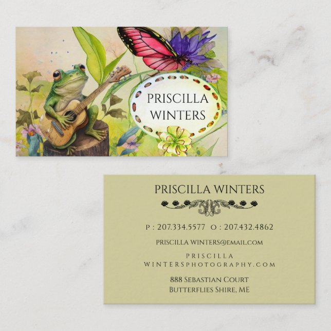 Cute Watercolor Guitar Frog Butterfly Green Business Card (Front/Back)
