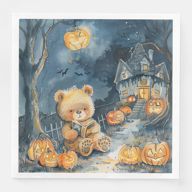 Cute Watercolor Halloween Bear for Decoupage Party Napkin (Front)