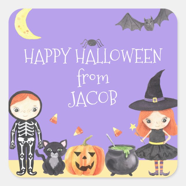 Cute Watercolor Halloween Costume Kids Square Sticker (Front)