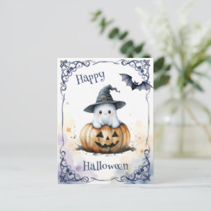 Cute Watercolor Halloween Ghost on a Jack o’ Lante Postcard