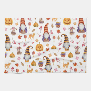 Cute Watercolor Halloween Gnomes, Pumpkins and Cat Tea Towel