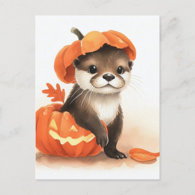 Cute Watercolor Halloween Otter Postcard (Front)