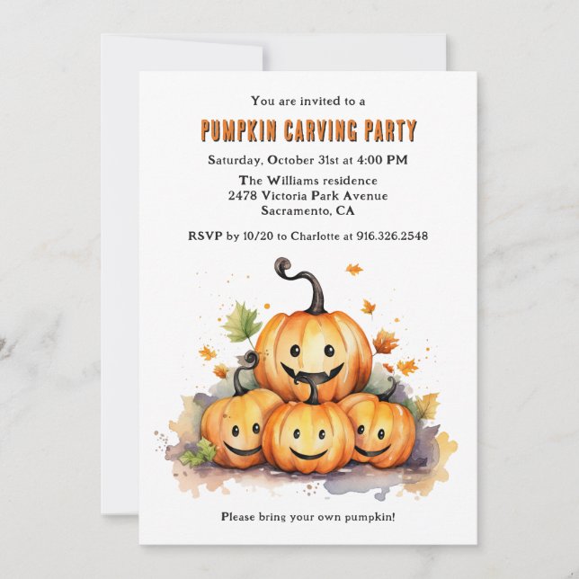Cute Watercolor Halloween Pumpkin Carving Party Invitation (Front)