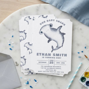 Cute Watercolor Hammerhead Shark Birthday Invitation