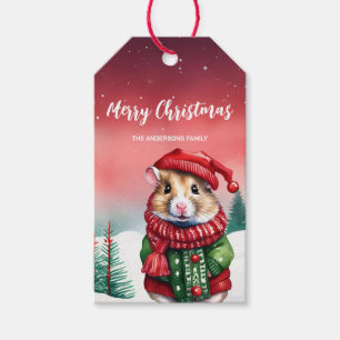 Cute watercolor Hamster Santa Christmas party kid Gift Tags