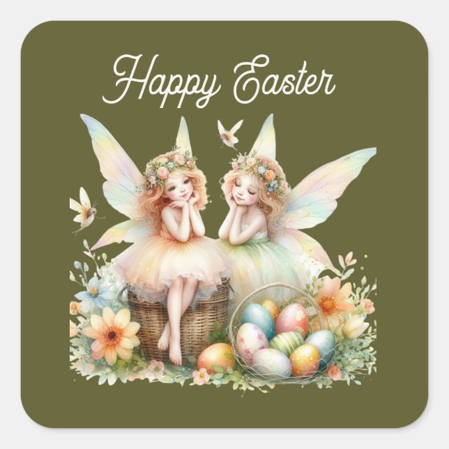 Cute watercolor Happy Easter fairy Square Sticker (Front)