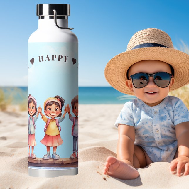 Cute Watercolor Happy Kids Summer Water Bottle (Water bottle featuring a cute watercolor illustration of happy children - teacher - mom - summer)