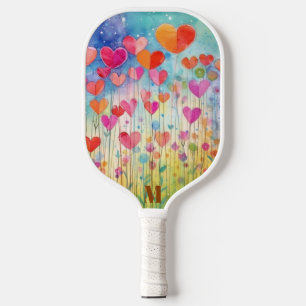 Cute Watercolor Heart Balloons Modern Monogram Pickleball Paddle