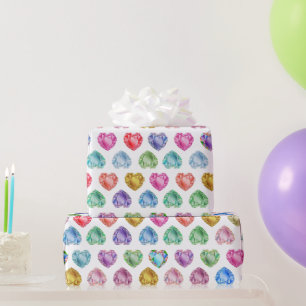 Cute Watercolor Heart Gemstone Colourful Fun Girl Wrapping Paper