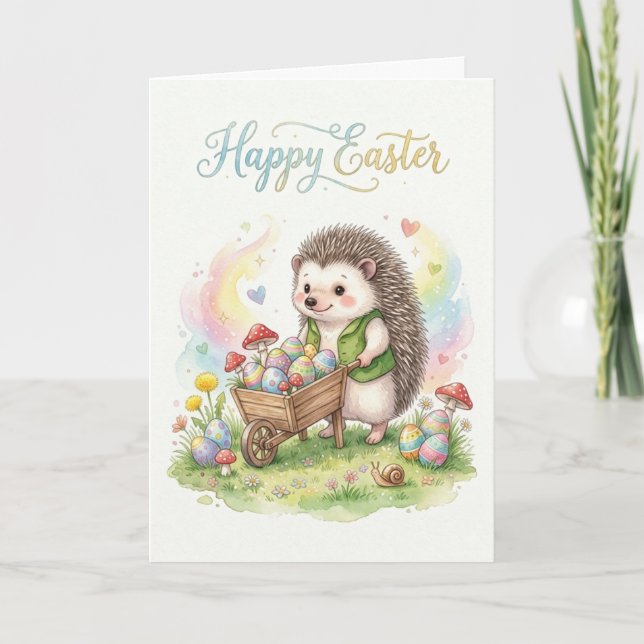 Cute Watercolor Hedgehog Easter Card (Front)