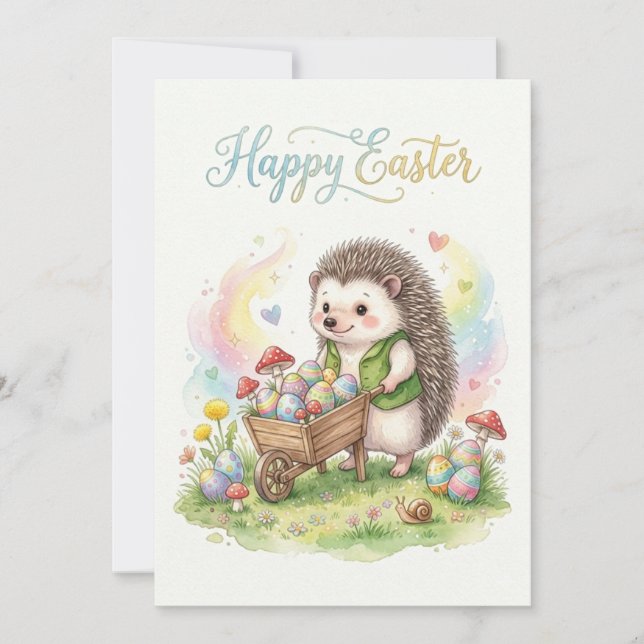 Cute Watercolor Hedgehog Easter Holiday Card (Front)