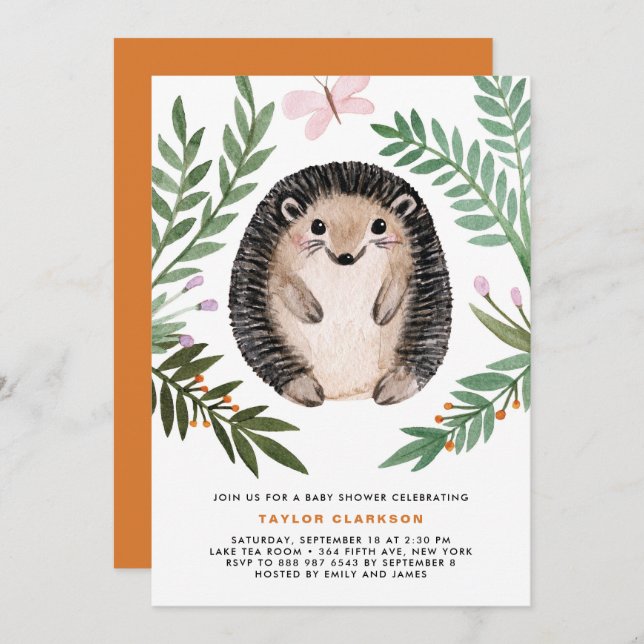 Cute Watercolor Hedgehog Greenery Baby Shower Invitation (Front/Back)