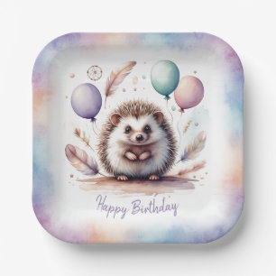Cute Watercolor Hedgehog with Balloons Birthday  Paper Plate