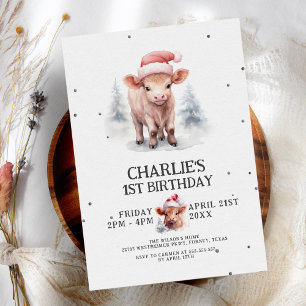 Cute Watercolor Highland Cow Kids Winter Birthday Invitation