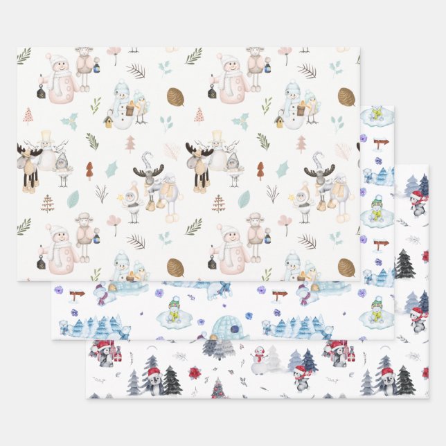 Cute Watercolor Holiday Snowman Christmas Pattern Wrapping Paper Sheet (Set)