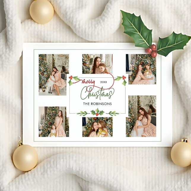 Cute Watercolor Holly Merry Christmas Multi Photo Holiday Card (Creator Uploaded)