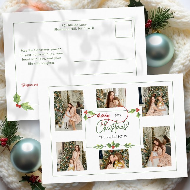 Cute Watercolor Holly Merry Christmas Multi Photo Holiday Postcard (Creator Uploaded)