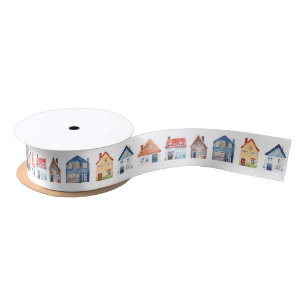 Cute Watercolor Houses Satin Ribbon