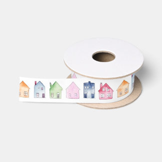 Cute Watercolor Houses  Satin Ribbon