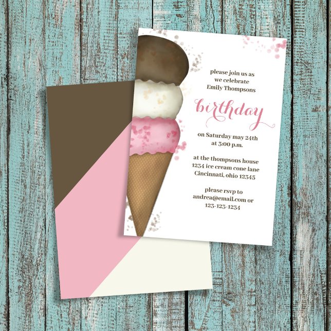 Cute Watercolor Ice Cream Cone Birthday Party Invitation (Ice cream birthday party invitations)