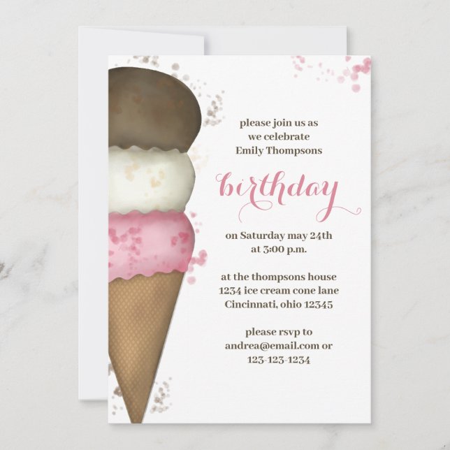 Cute Watercolor Ice Cream Cone Birthday Party Invitation (Front)