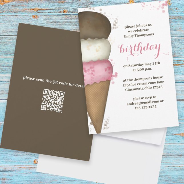 Cute Watercolor Ice Cream Cone Birthday QR Code Invitation (Creator Uploaded)