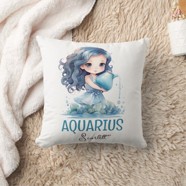 Cute Watercolor Illustration Aquarius Zodiac Name Cushion (Blanket)