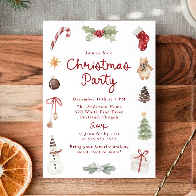 Cute Watercolor Illustrations Christmas Party Invitation (Creator Uploaded)
