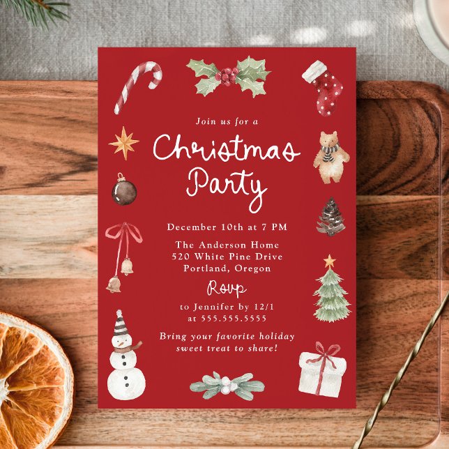 Cute Watercolor Illustrations Red Christmas Party Invitation (Creator Uploaded)