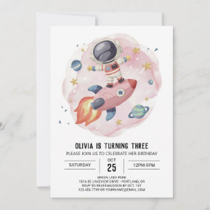Cute Watercolor Journey Astronaut Birthday Invitation