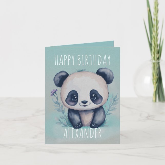 Cute watercolor Kawaii panda folded birthday Card (Front)