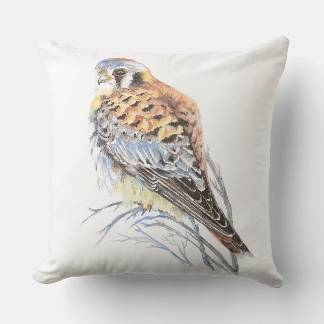 Cute Watercolor Kestrel Sparrow Hawk Bird Cushion (Front)