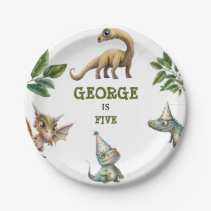Cute Watercolor Kids Dinosaur Theme Birthday Paper Plate