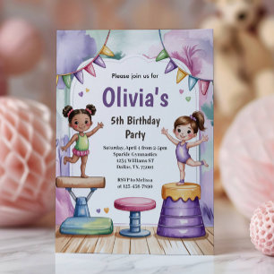 Cute Watercolor Kids Gymnastics Birthday  Invitation