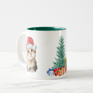 Cute Watercolor kitten cat Santa Christmas party C Two-Tone Coffee Mug