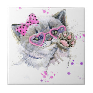 Cute Watercolor Kitten Ceramic Tile