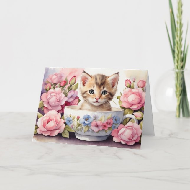 Cute Watercolor Kitten in Floral Teacup  Card (Front)