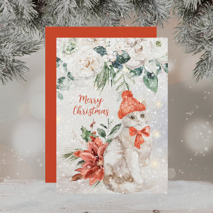 Cute Watercolor Kitten Merry Christmas Holiday Card