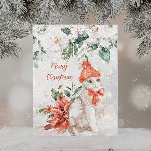 Cute Watercolor Kitten Merry Christmas Holiday Postcard