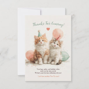 Cute Watercolor Kitten Pawty Cat Birthday Thank You Card