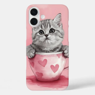 CUTE WATERCOLOR KITTEN SITTING IN PINK TEA CUP iPhone 16 PLUS CASE