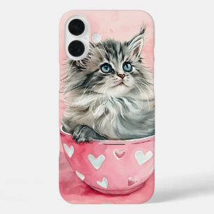CUTE WATERCOLOR KITTEN SITTING IN PINK TEA CUP iPhone 16 PLUS CASE