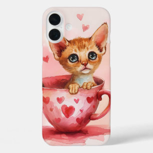 CUTE WATERCOLOR KITTEN SITTING IN PINK TEA CUP iPhone 16 PLUS CASE
