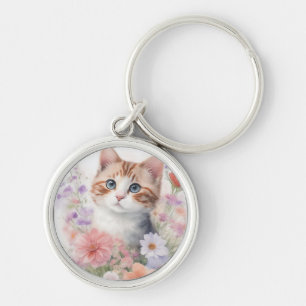 Cute Watercolor Kitten with Floral Key Ring