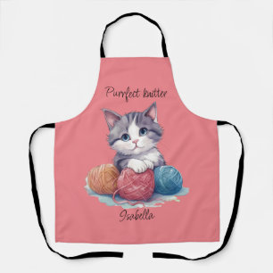 Cute watercolor kitten with yarns custom name apron