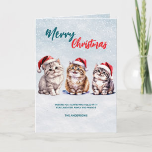 Cute watercolor kitty cat Santa Merry Christmas Card