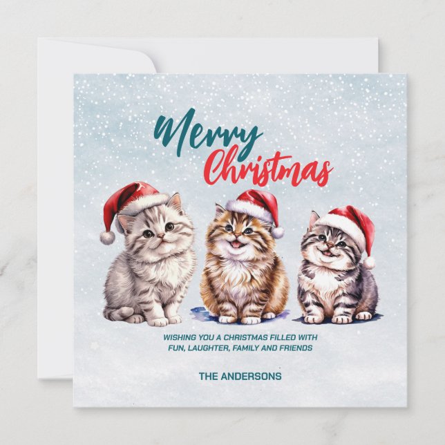 Cute watercolor kitty cat Santa  Merry Christmas  Holiday Card (Front)
