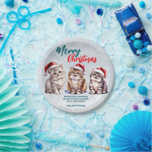 Cute watercolor kitty cat Santa Merry Christmas Paper Plate