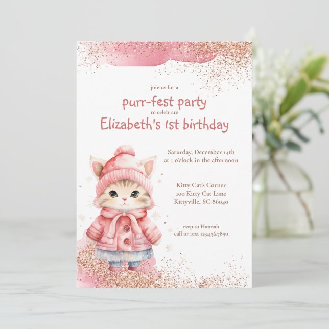 Cute Watercolor Kitty Cat Winter Coat Birthday Invitation (Standing Front)